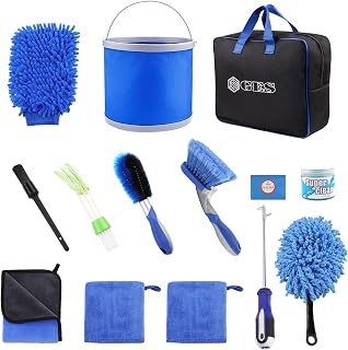 GES Car Cleaning Kit with Storage Bag - 14pcs Exterior and Interior Car Washing Tool Bucket, Wheel Brush, Microfiber Gloves, Drying Towel and Car Clay Ba (Blue)