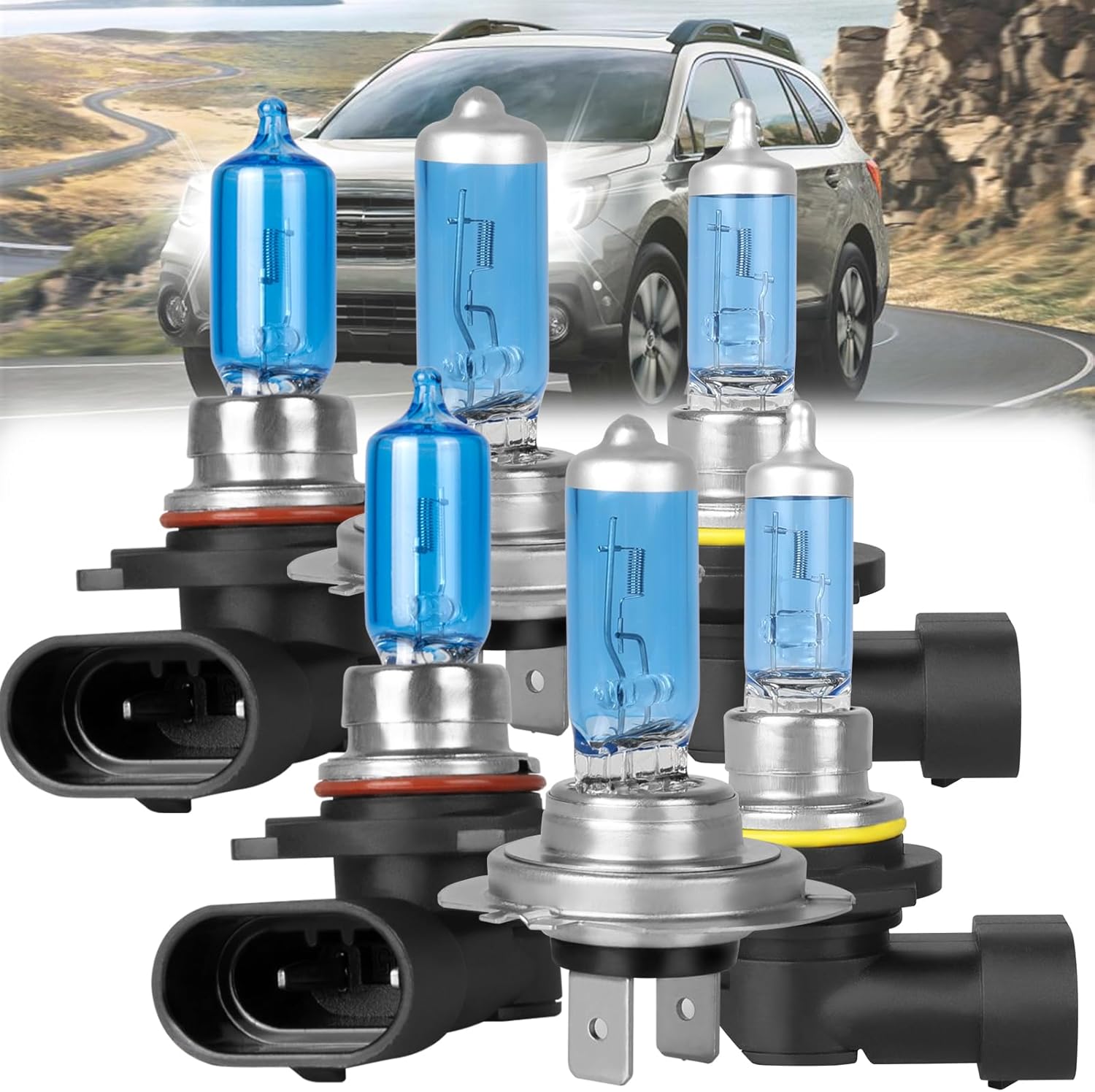 Fit for Outback 2005-2009 Halogen Headlight Bulbs,9005 High Beam + H7 Low Beam + 9006 Fog Light Halogen Light Bulb Combo Replcement Bulb Kit, Plug and Play,Bright White,Pack of 6