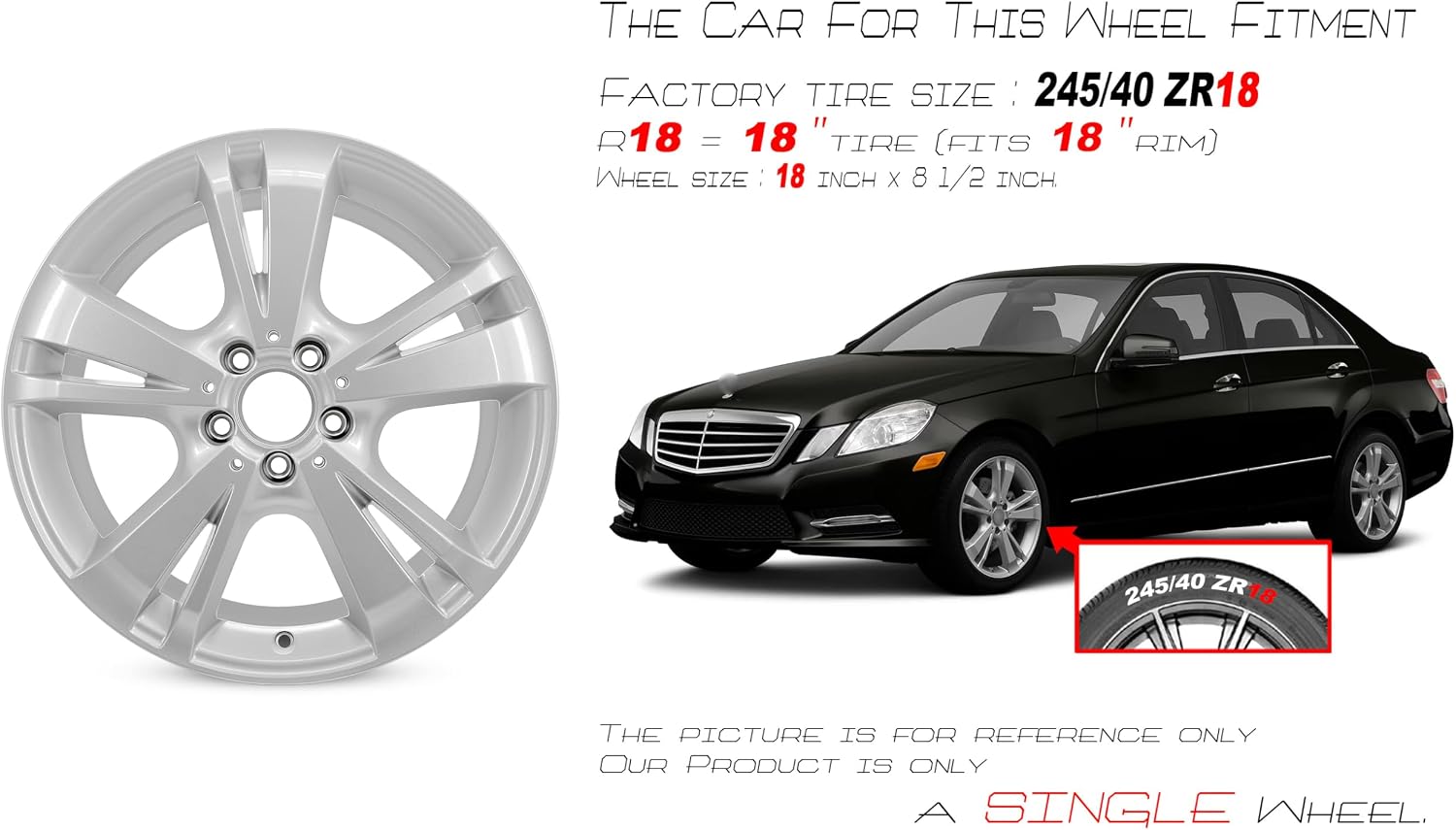 New Single FRONT 18" 18x8.5 Inch Alloy Wheel for 2012-2013 Mercedes-Benz E300 E350 E400 E550 | OEM Design Replacement Rim | Silver Finish | Direct Fit - OE Stock Specs | 85258