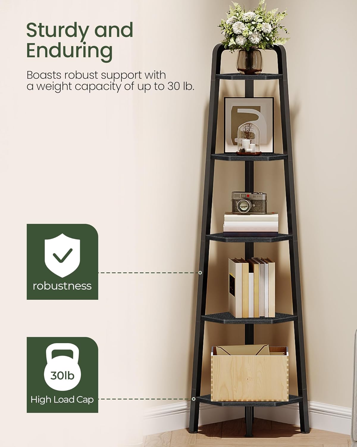 Corner Shelf, 5-Tier Ladder Corner Shelf, Ladder Bookshelf, 59.6" Tall Vertical Display Stand, Metal Frame Bookshelf, for Living Room, Bedroom, Kitchen, Black TCJ20BB