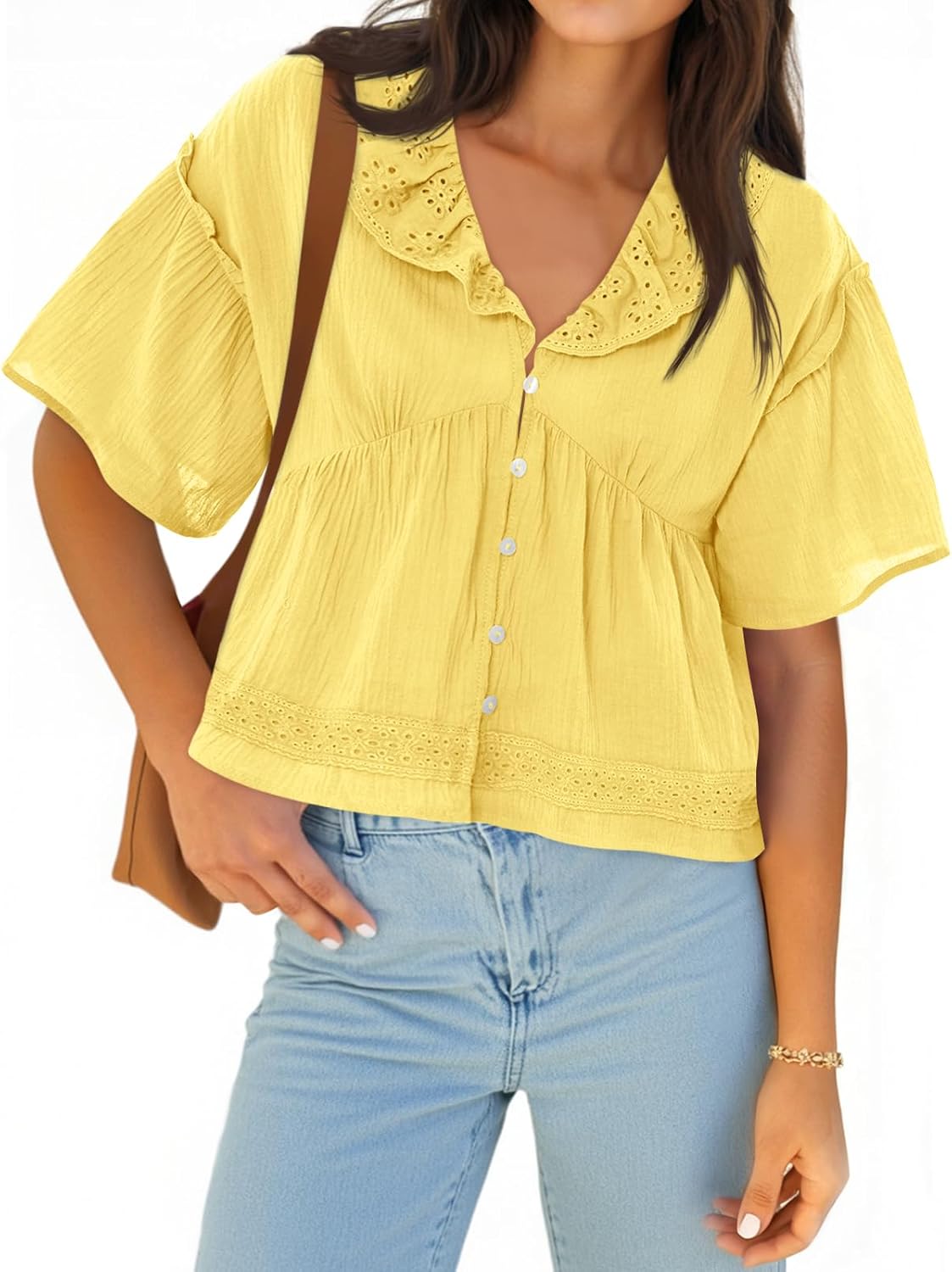 Cicy Bell Womens Cropped Babydoll Tops Summer Eyelet V Neck Short Sleeve Cute Blouses Ruffle Shirts