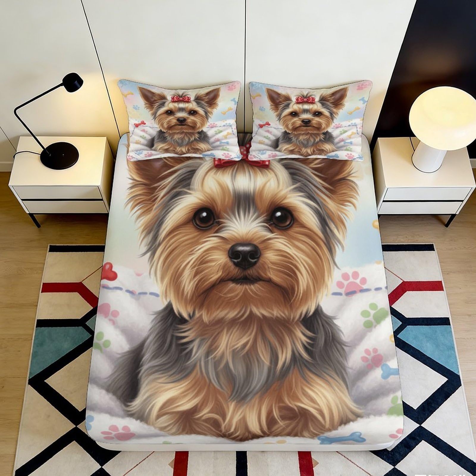 3D Printed Cute Yorkshire Terrier Fitted Sheet Microfiber Soft Breathable Puppy Pattern Bed Cover for Bedroom Dormitory Guest Room Mattress Protection 120x200x25cm