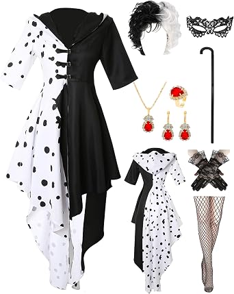 Minggo 9pcs Women Black and White Dalmatian Costume Dress Up Full Set with Wig for Halloween Cosplay