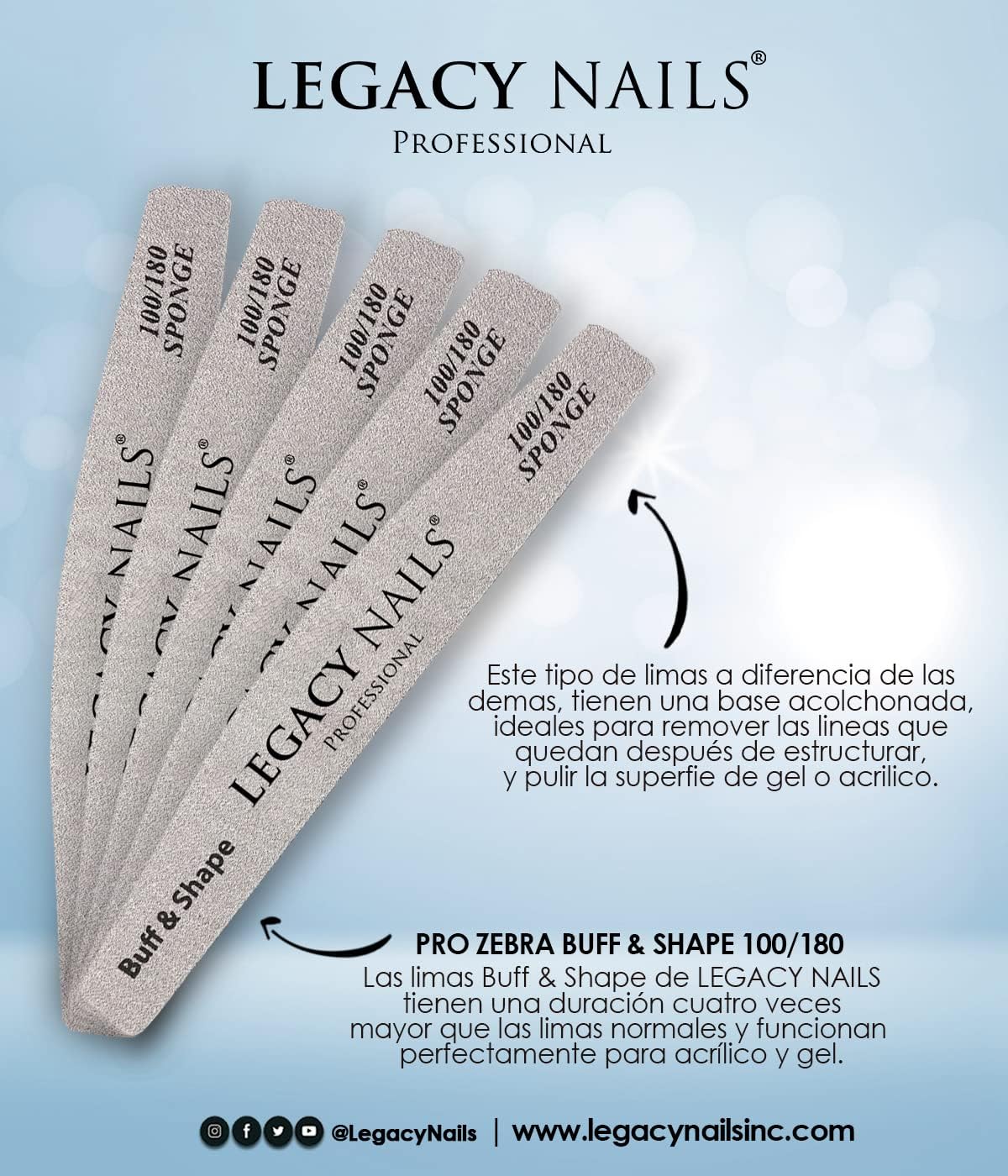 Legacy Nails 3-in-1 Professional Nail File Set – Half Moon 100/180 Sponge Buffer, Pro Zebra Nail File 100/100 & 150/180 – Buff, Shape & Smooth for Acrylic, Gel & Natural Nails – Salon-Quality Manicure