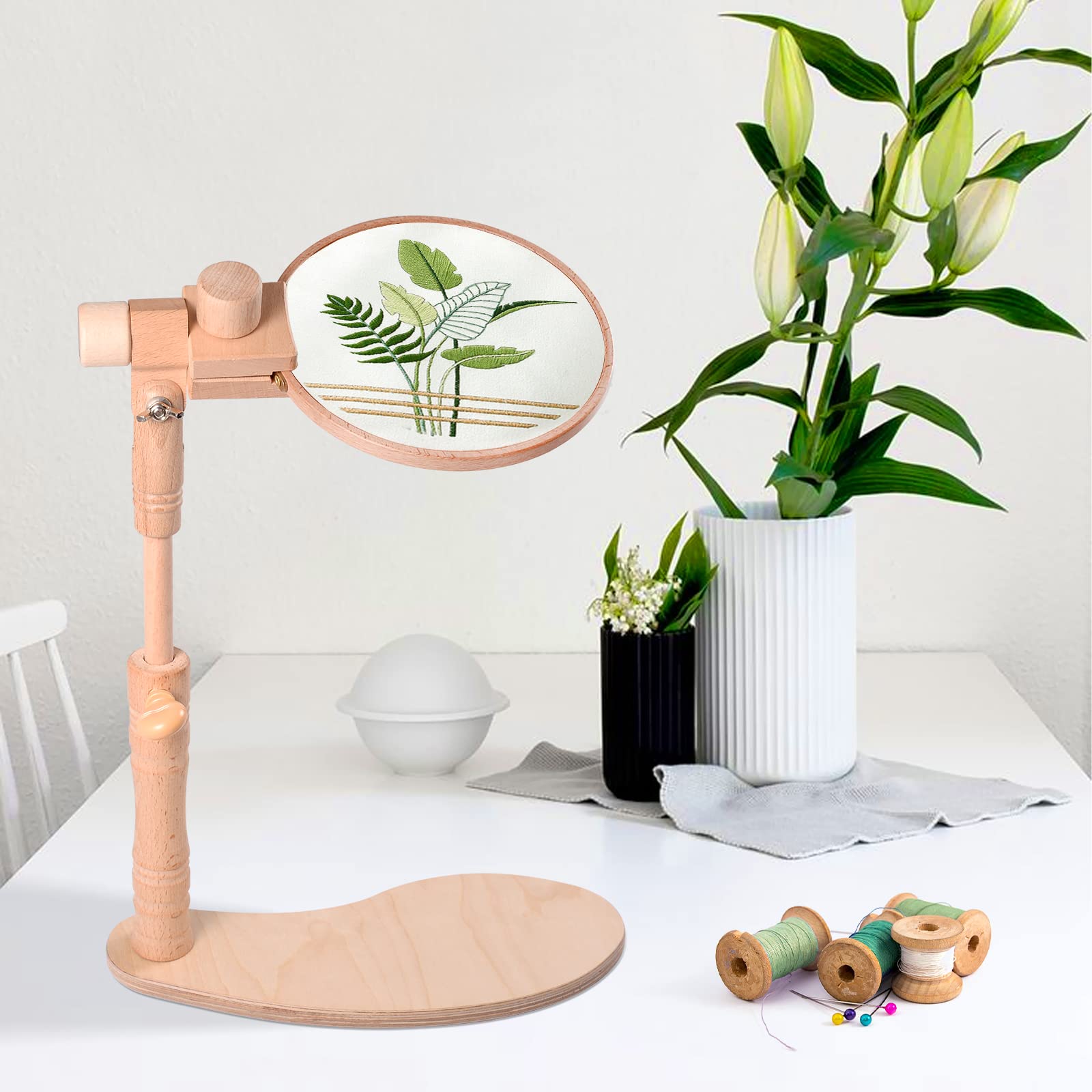 Borduurframehouder, vierkant, houten borduurframe, vierkant met standaard, verstelbaar, borduurstandaard met borduurframe, 360 graden rotatie, kruissteekstandaard, bodemframe, voor borduren