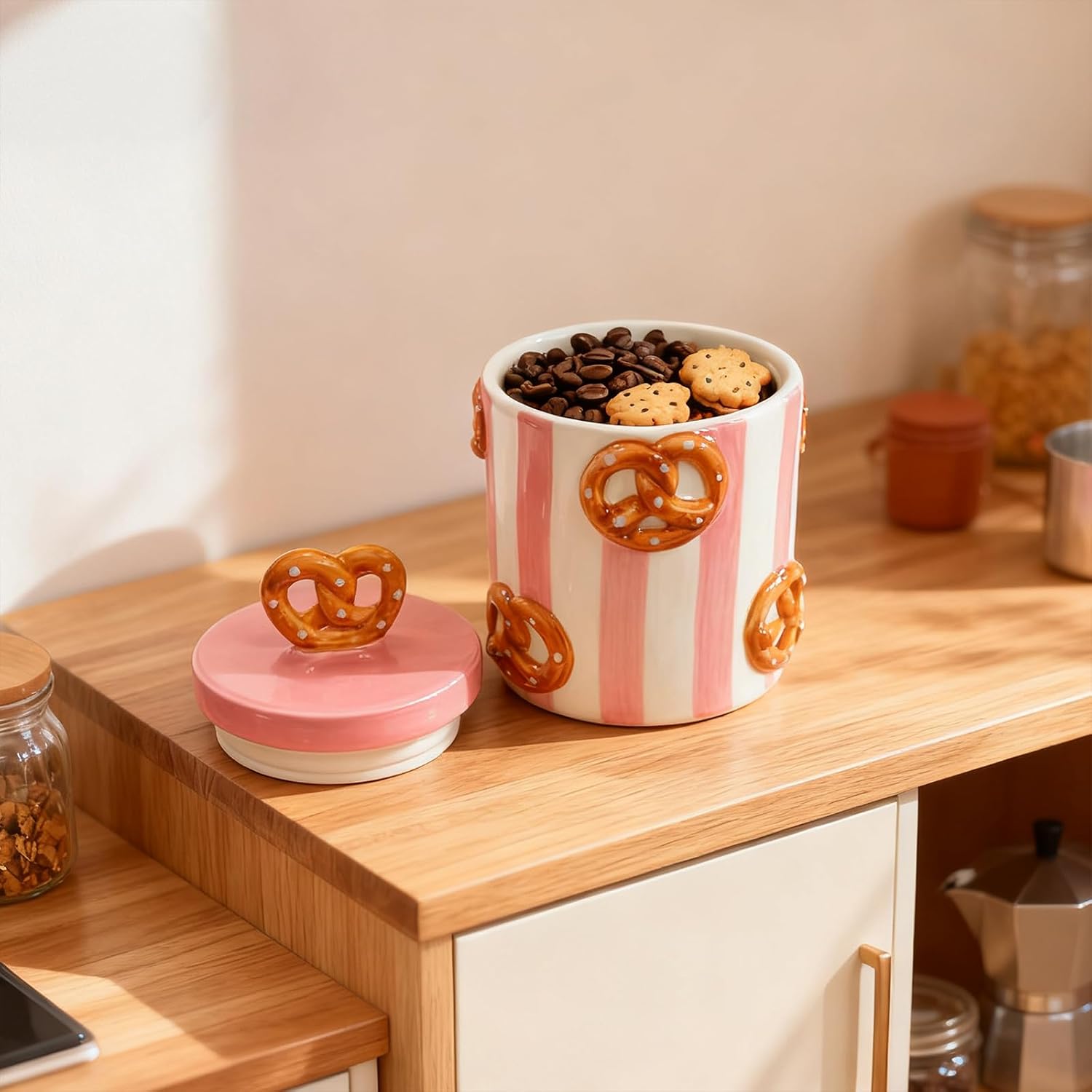 DIF DECO Christmas Cookie Jars with Lid Airtight, 19.5 OZ Xmas Food Storage Containers, Hand Painted Pretzel Kitchen Canisters for Countertop, Home Decor for Coffee, Sugar, Tea, Flour（577ml）