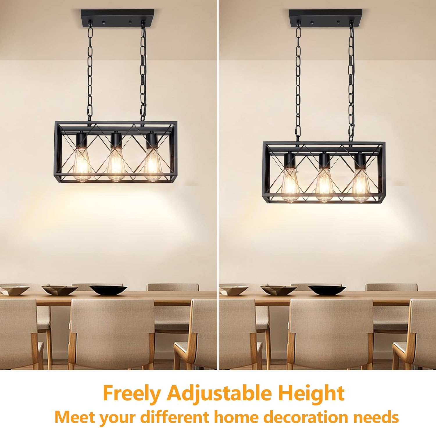 Pynsseu Industrial Kitchen Island Pendant Lighting, Rectangular Vintage Rustic 3-Light Hanging Pendant Light Fixtures for Kitchen Farmhouse, Bar, Dinning Room