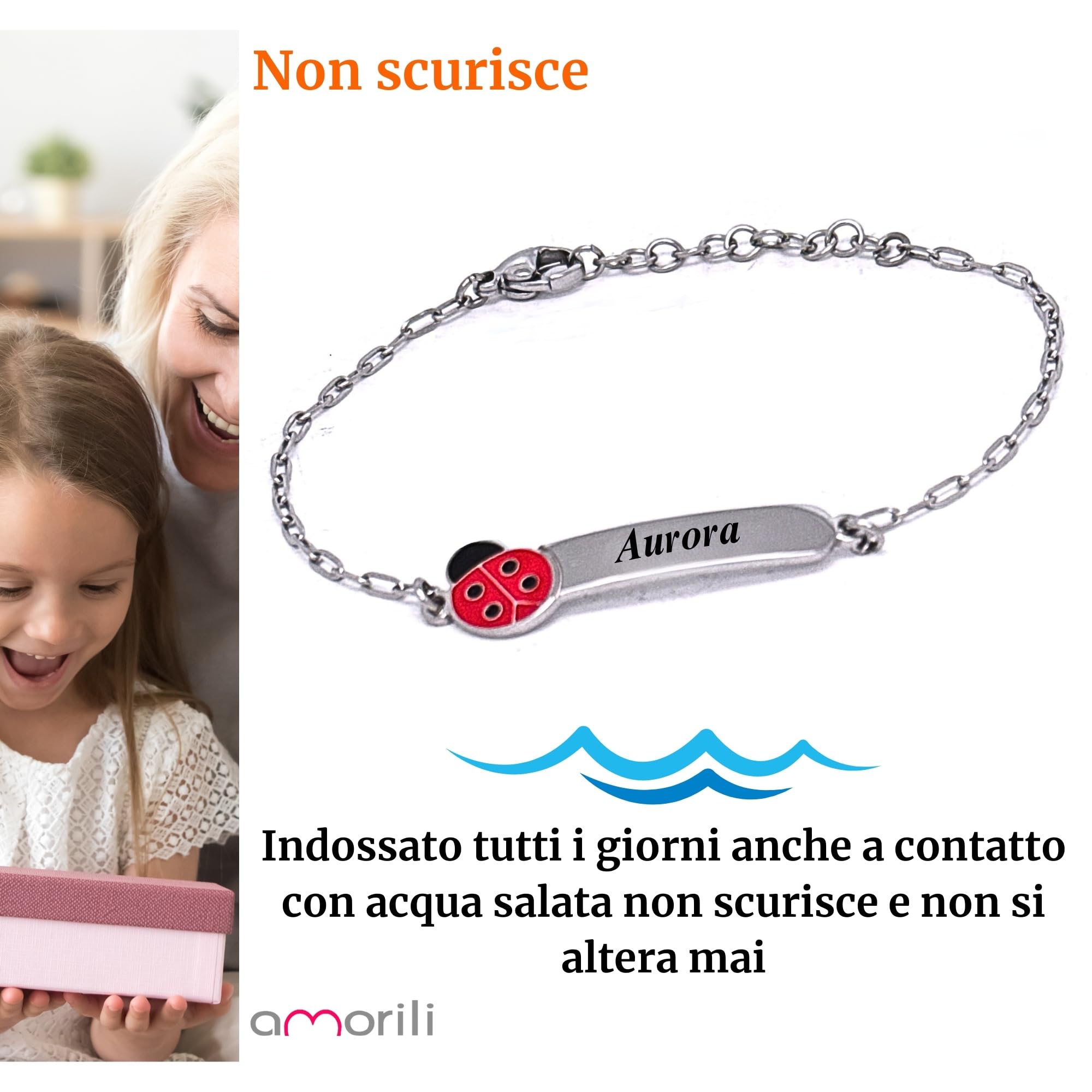 amorili Bracciale Bambina Personalizzato con Nome – Coccinella Portafortuna – Acciaio Inox Anallergico – Idea Regalo Bimba Battesimo Compleanno – Made in Italy bcc3109