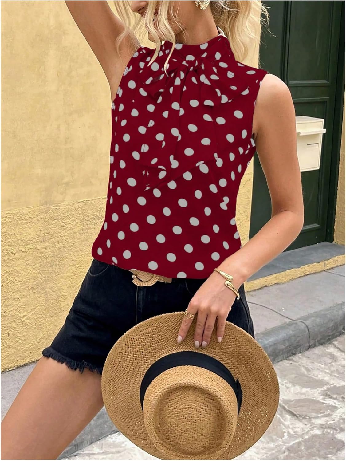 Floerns Women's Summer Dressy Tank Top Polka Dots Bow Sleeveless Business Casual Tops Blouses Office Work Shirt - Image 2