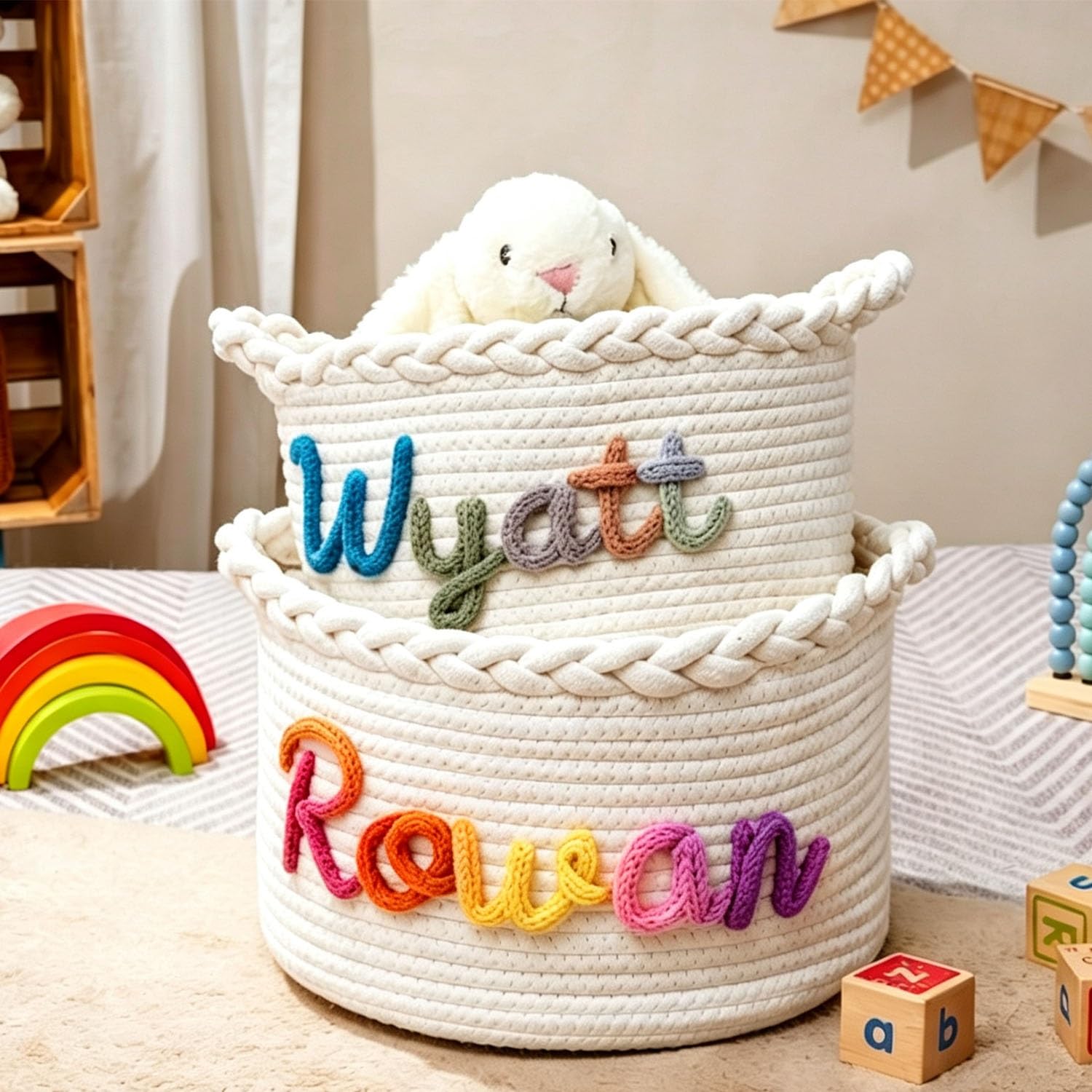 Personalized Boho Cotton Rope Name Baby Basket, Nursery Decor Keepsake