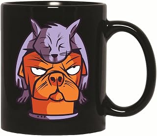 Peaceful Kitten Sleeping on Annoyed Dog s Head Cartoon Gift for Pet Lovers 11oz 15oz Black Coffee Mug