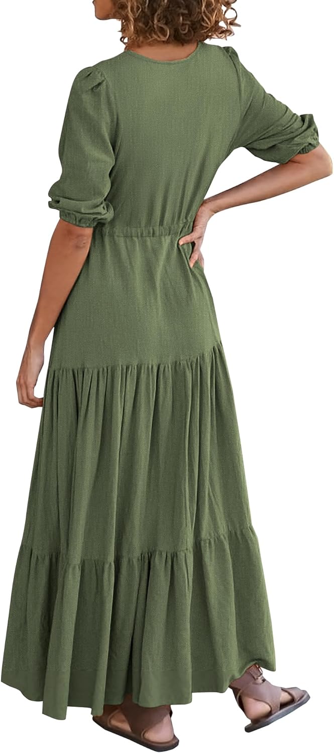 BTFBM Women Summer Dresses Short Sleeves V Neck Button Drawstring Maxi Dresses Solid Color Boho Long Dresses