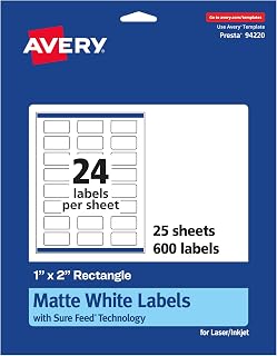 Avery® Matte White Rectangle Labels, Sure Feed® Technology, 1" x 2", 600 Matte White Printable Labels
