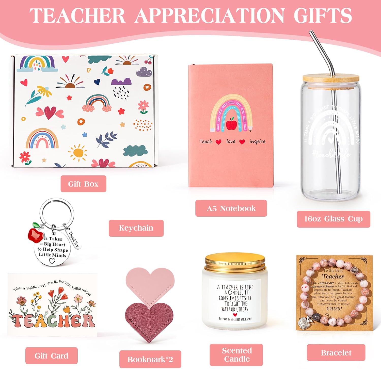 Teacher Appreciation Gifts for Women, Thank You Gifts for Teachers from Students – Teachers Day, End of Year, Graduation, Retirement, Birthday Gift Basket with 16oz Drinking Cup, Journal(Orange Pink) - Image 2
