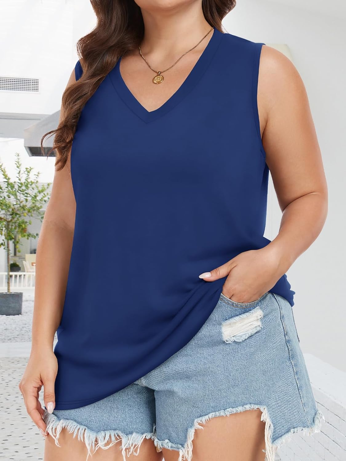 Plus Size Tanks Women Summer Top V Neck Sleeveless Top Loose Fit Tee Workout Shirts - Image 3