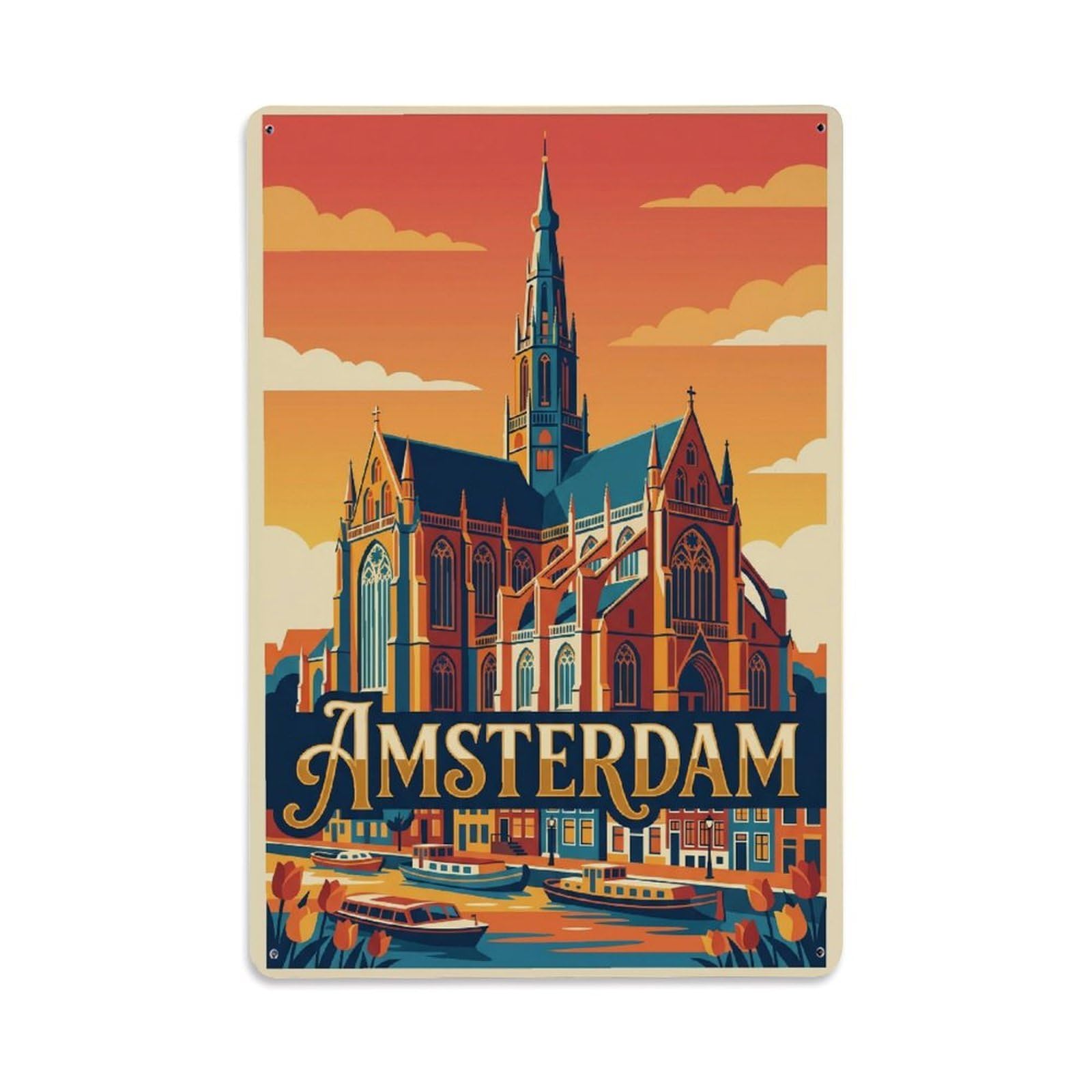 Vintage Travel Church Netherlands Historic Metal Tin Sign