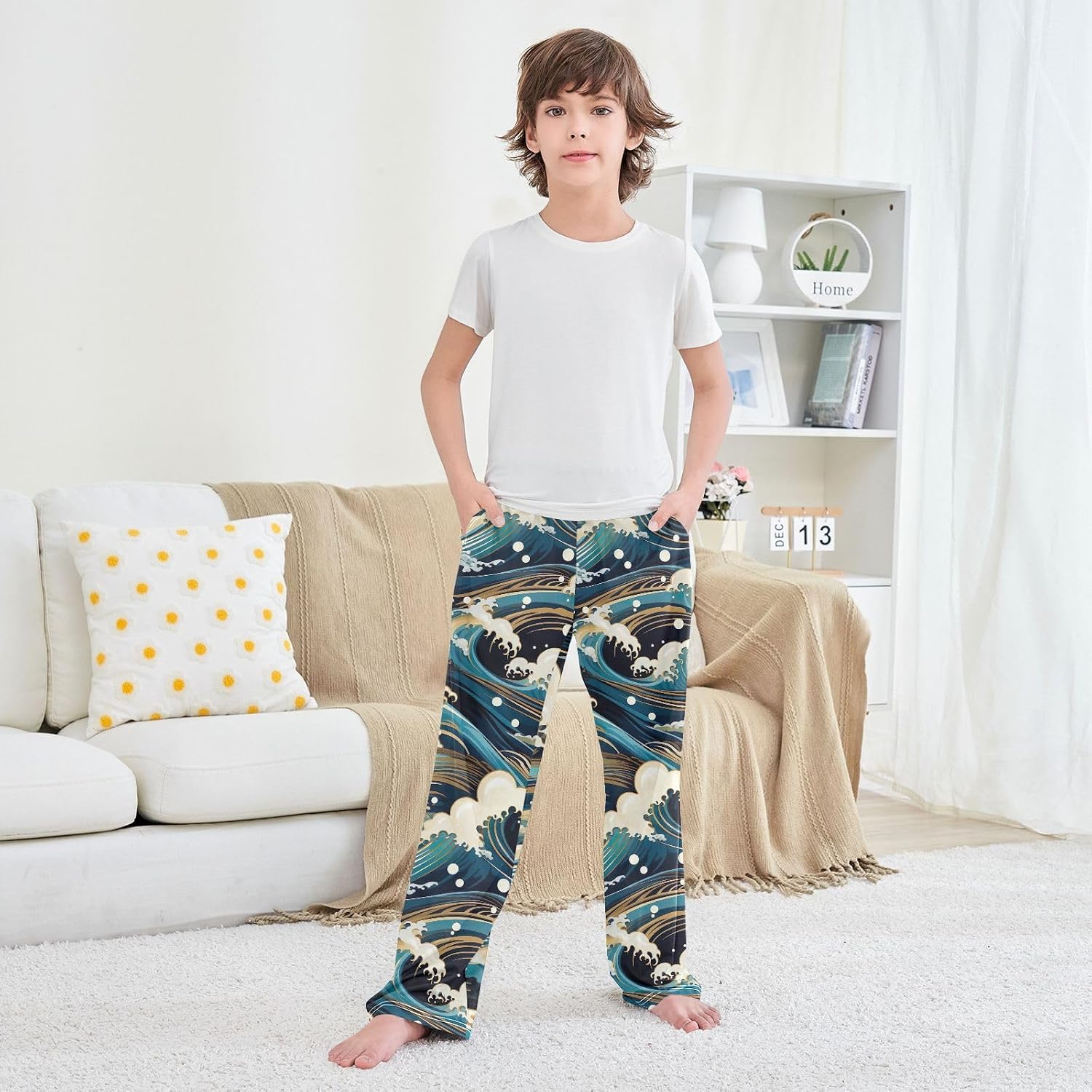Ocean Blue Soft Pajama Lounge Pants Sleepwear Long Pajama Bottoms with Pockets Elastic Waist for Christmas