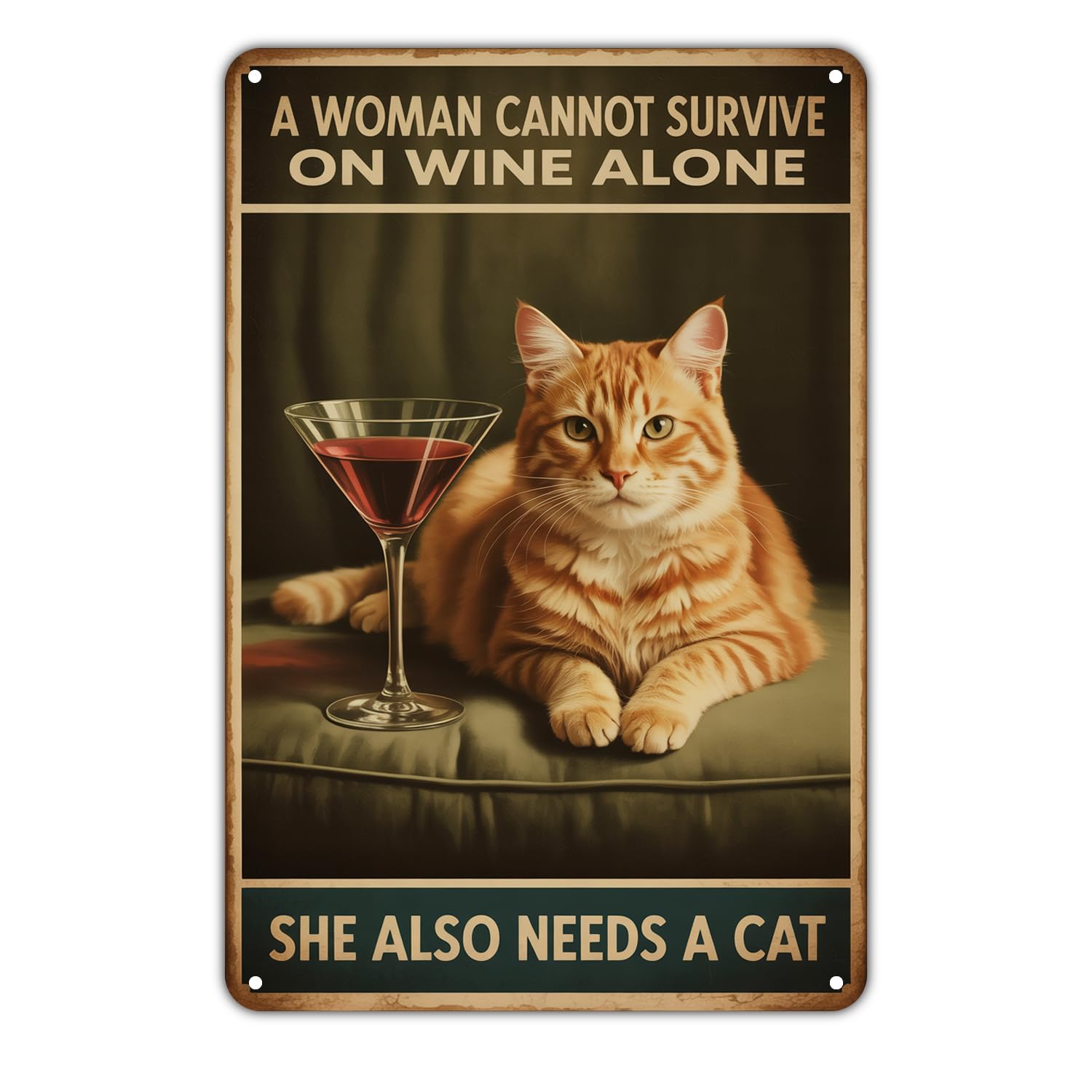 Wine & Cat Lover Tin Sign Vintage Wine And Orange Cat Metal Sign Print Aesthetic Metal Tin Sign 8X12 Inch