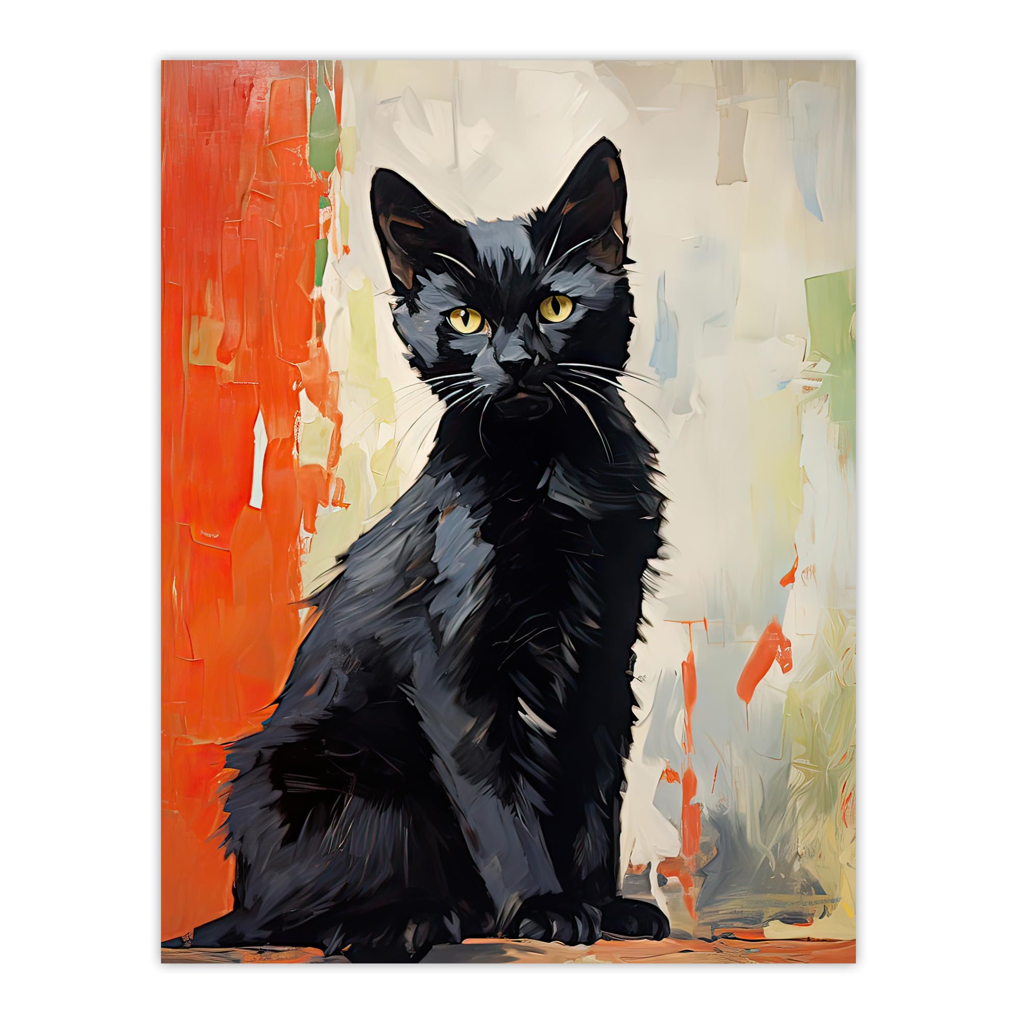 Artery8 Black Cat Oil Painting Orange Beige Green Chat Noir Stray Kitten by Wall Extra Large XL Wall Art Poster Print