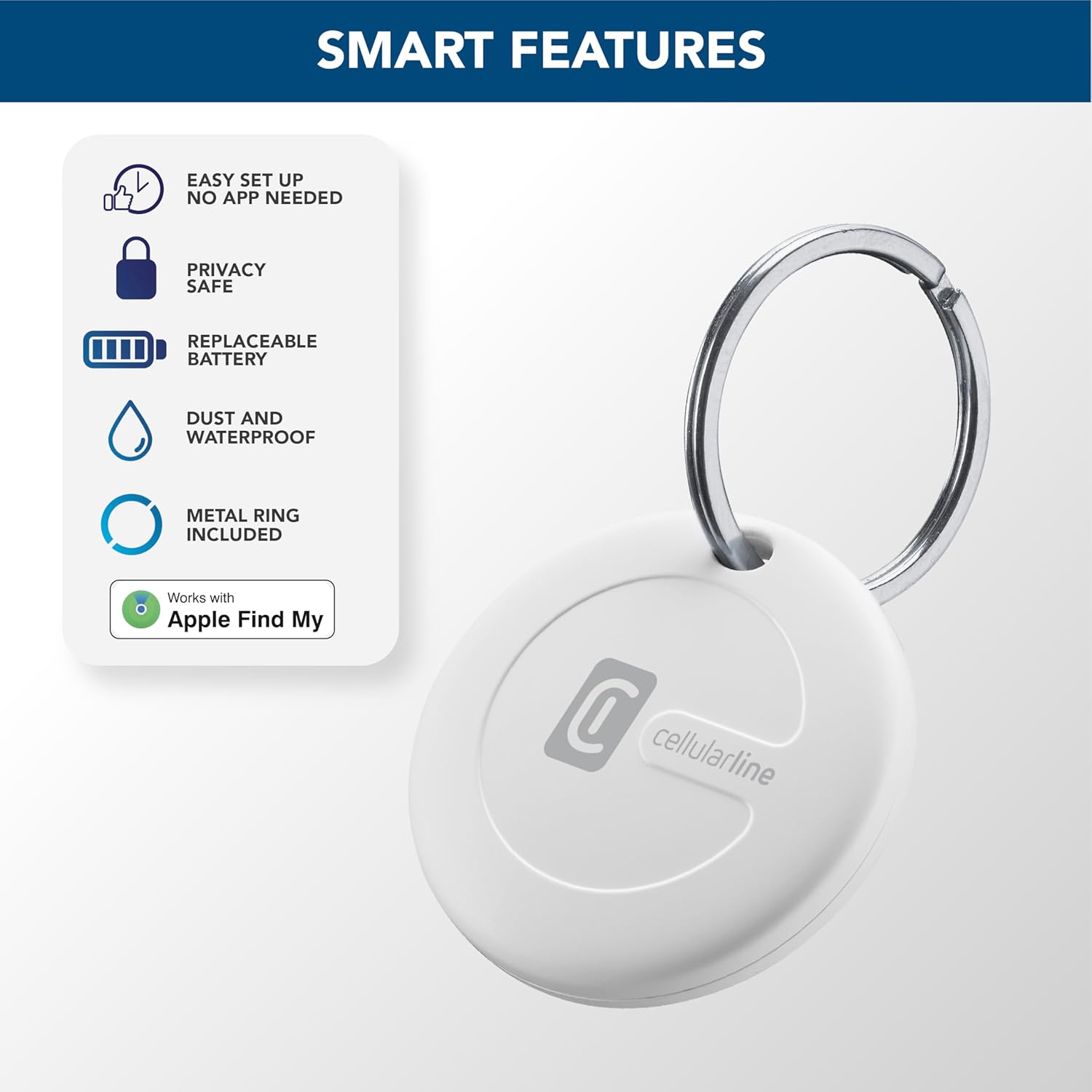 Cellularline TRACY – Localizador de objetos compatible con Apple iOS Find My – Batería reemplazable (Duración 1 año) – Resistente al polvo y al agua hasta 1m de profundidad – Pack con 2 TRACY – Blanco 6