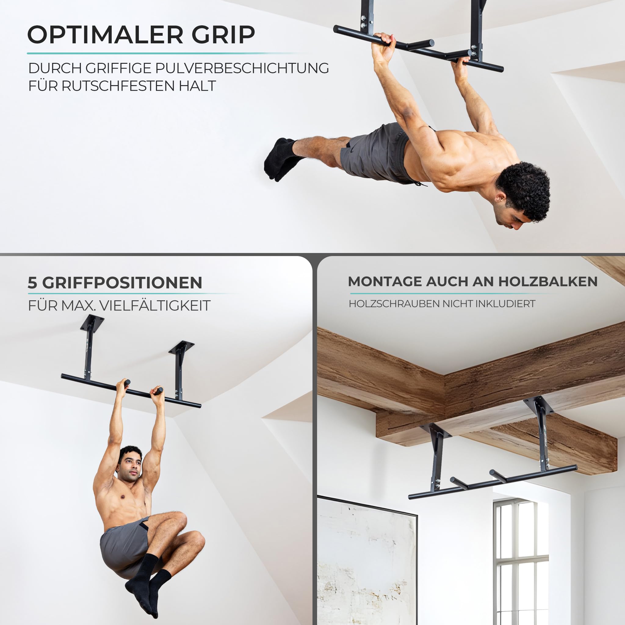 PULLUP & DIP Klimmzugstange für Deckenmontage – Pull Up Bar & Reckstange für das Home Gym – Stabil & belastbar bis 180 kg – 5 Griffpositionen, Anti-Rutsch-Oberfläche – inkl. Klimmzugband & eBook