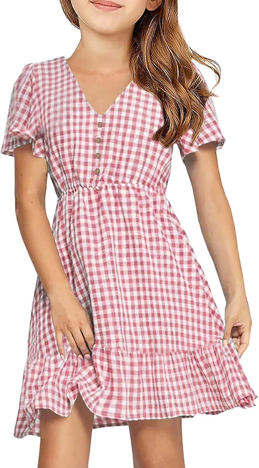 UMEKO Vestido midi con estampado de lunares para niñas con botones cuello en V manga corta con volantes vestidos casuales