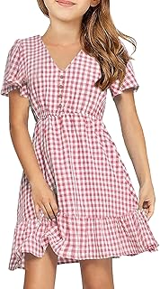 UMEKO Girls Polka Dot Print Midi Dress Button Down V Neck Short Sleeve Ruffle