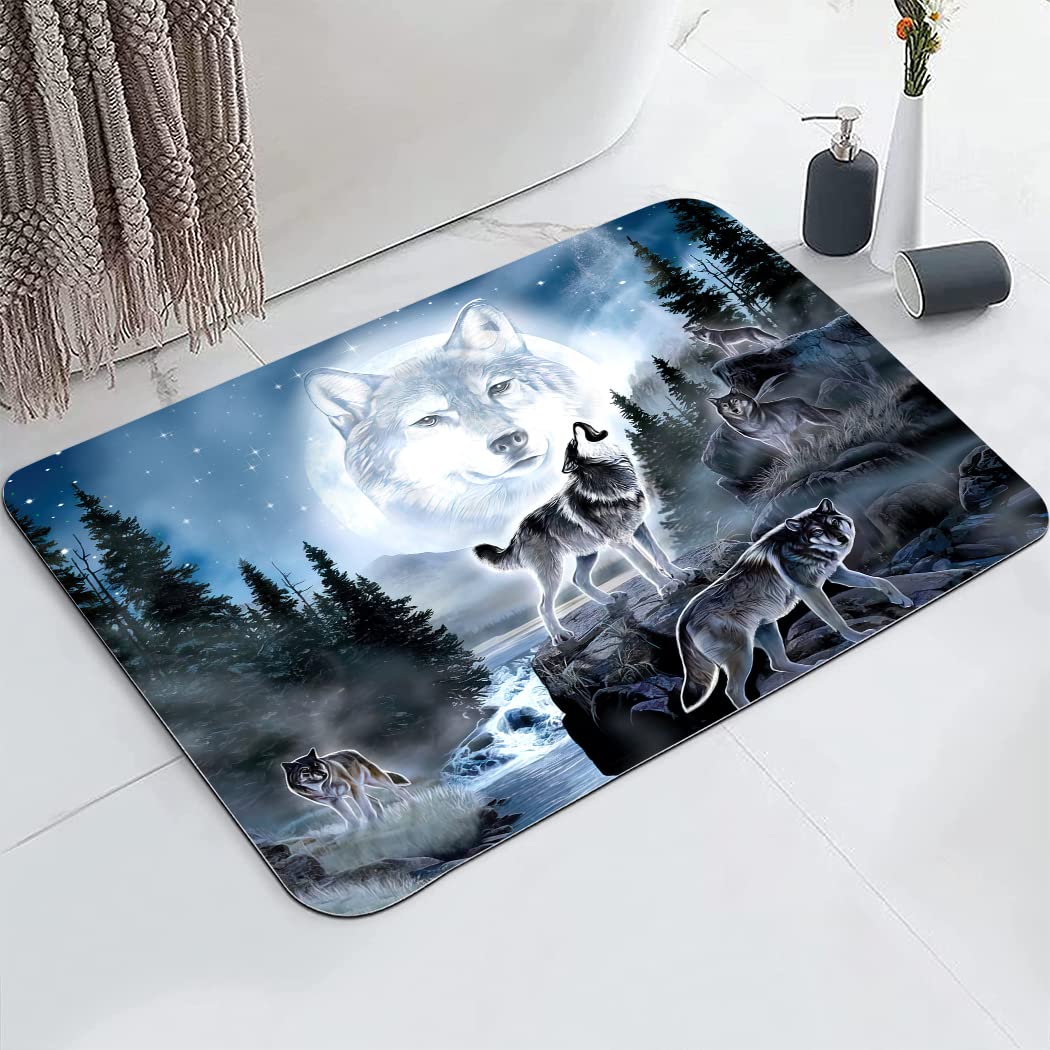 YISUMEI Tappetino da bagno, antiscivolo, super assorbente, con retro in gomma, adatto sotto lo zerbino del bagno, tappeto per doccia, 43,2 x 61 cm, foresta lupo e luna