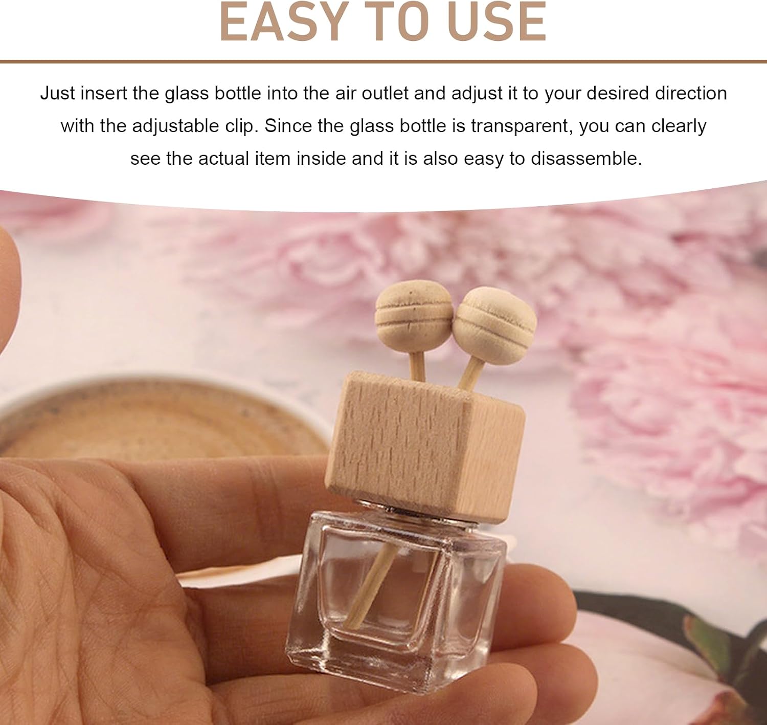 4 PCS Car Aroma Bottle Vent Clips, Refillable Decorative Air Freshener Holders with Wooden Caps & Sticks, Universal Square Car Interior Accessories