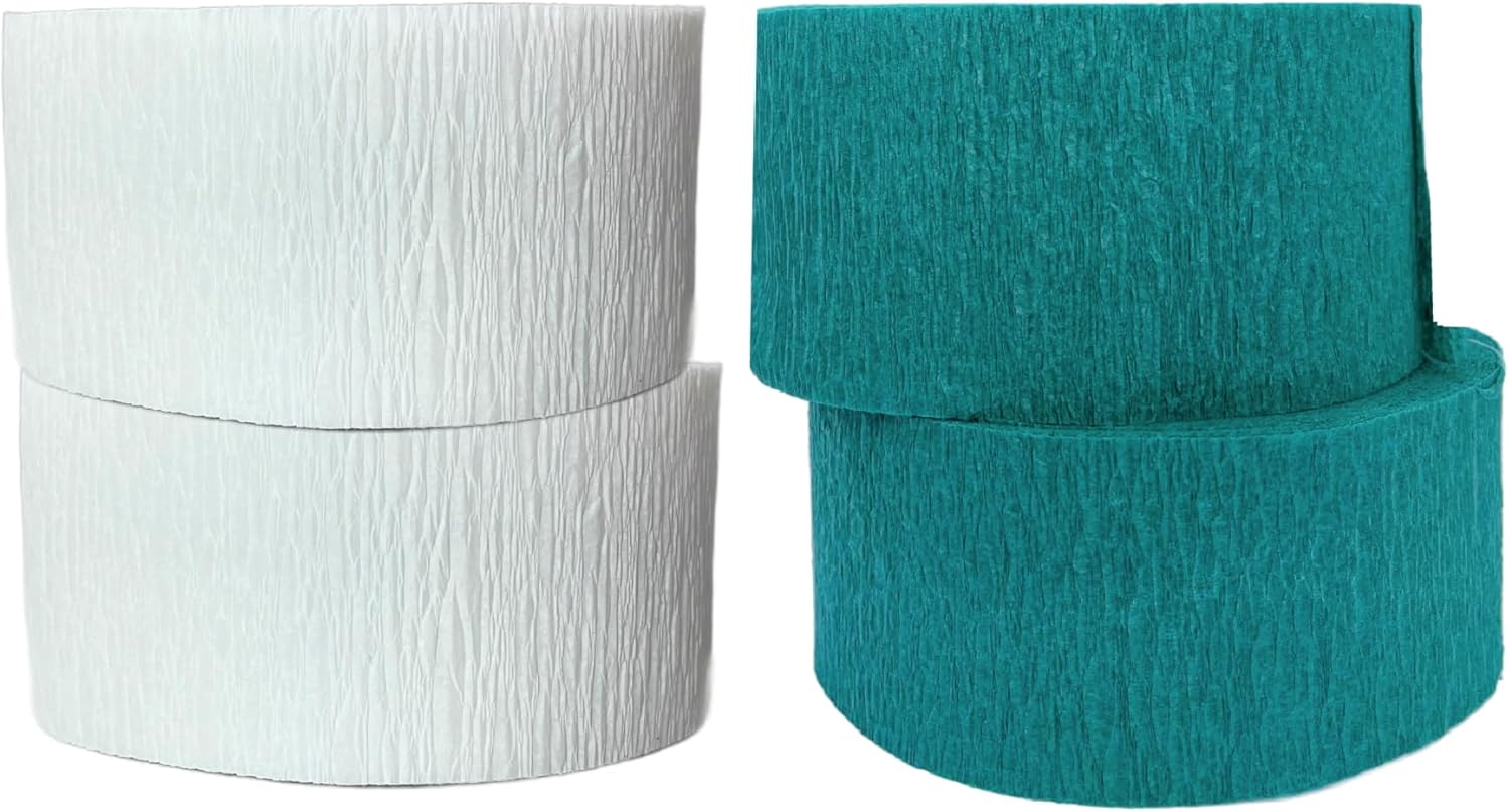 Teal and White Crepe Paper Streamers (2 Rolls Each Color) Made in USA
