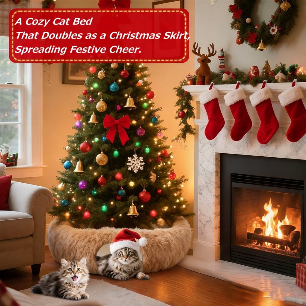 Cat Tunnel Christmas Tree Skirt， Cat Bed Under The Xmas Tree, Soft Plush Kitty Tunnel Bed with Washable Cushion, Two-Entry Peekaboo Round Christmas Cats Donut for Kitten Puppy Rabbit Ferret (Brown)