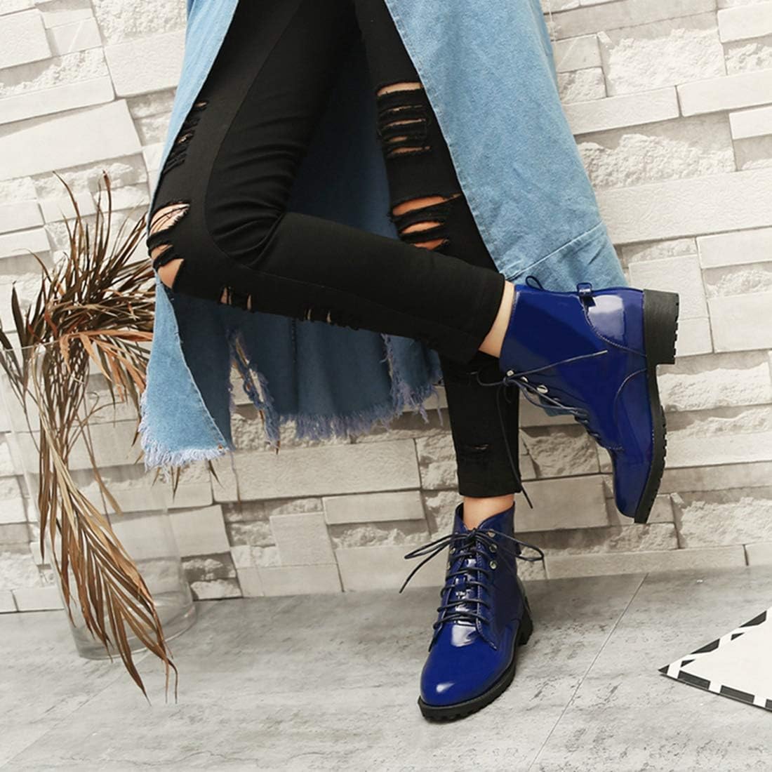 VOKLIN Women's Fashion Lace Up Dressy Ankle Boots Waterproof Rain Platform Low Heel Booties Combat Short Boot