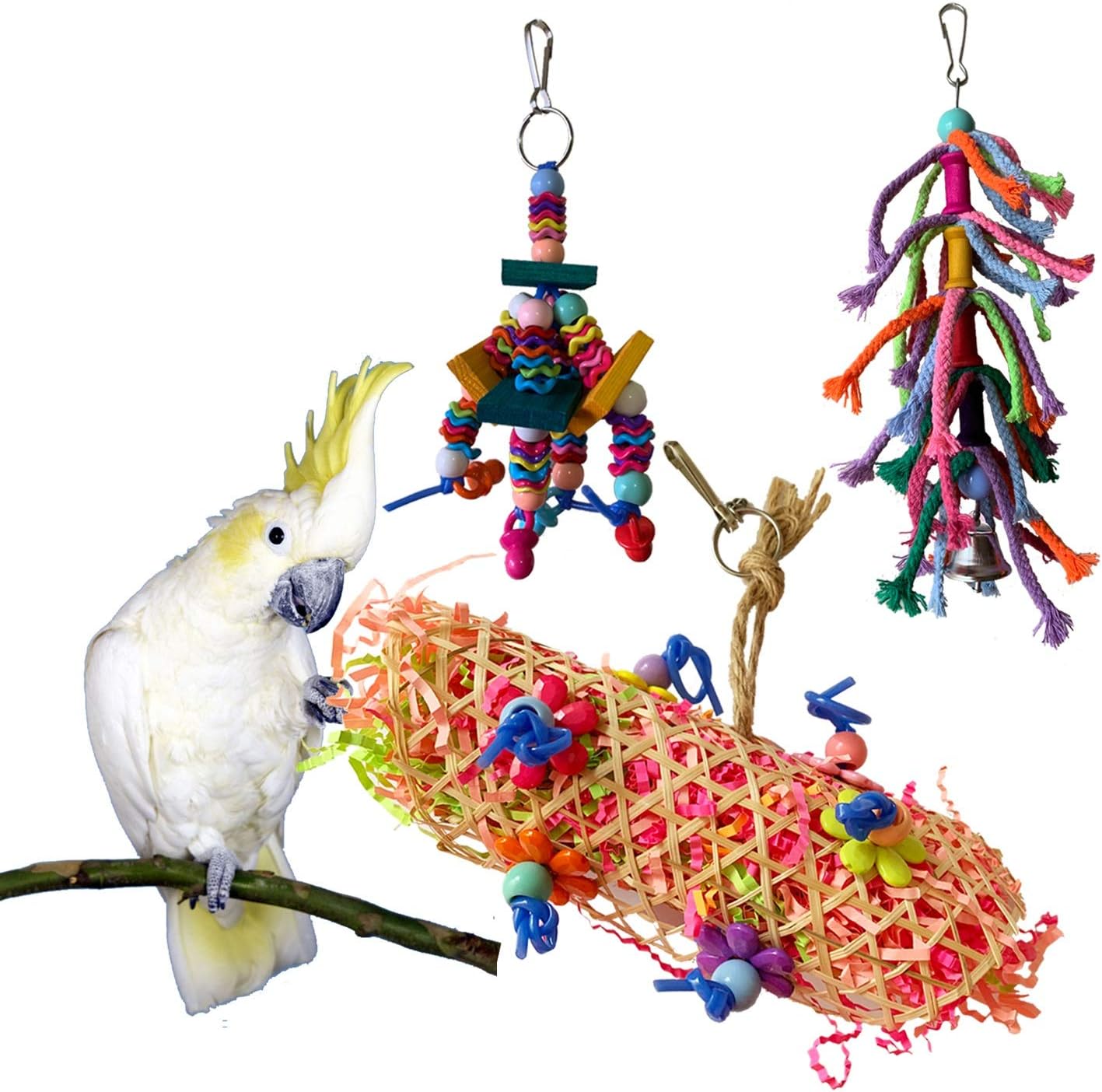 Vehomy Bird Chewing Toys Handmade Parrot Shredder Toy Hanging Foraging Shredding Toy Colorful Rope Knots Toy for Cockatiel Conure…