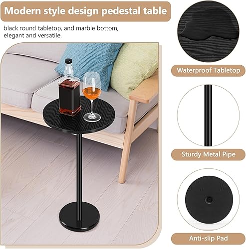 Miniatura 5 de Mesa de bebida negra pequeña redonda con pedestal con base de mármol, mesa de cóctel moderna para patio, sofá, silla, color negro