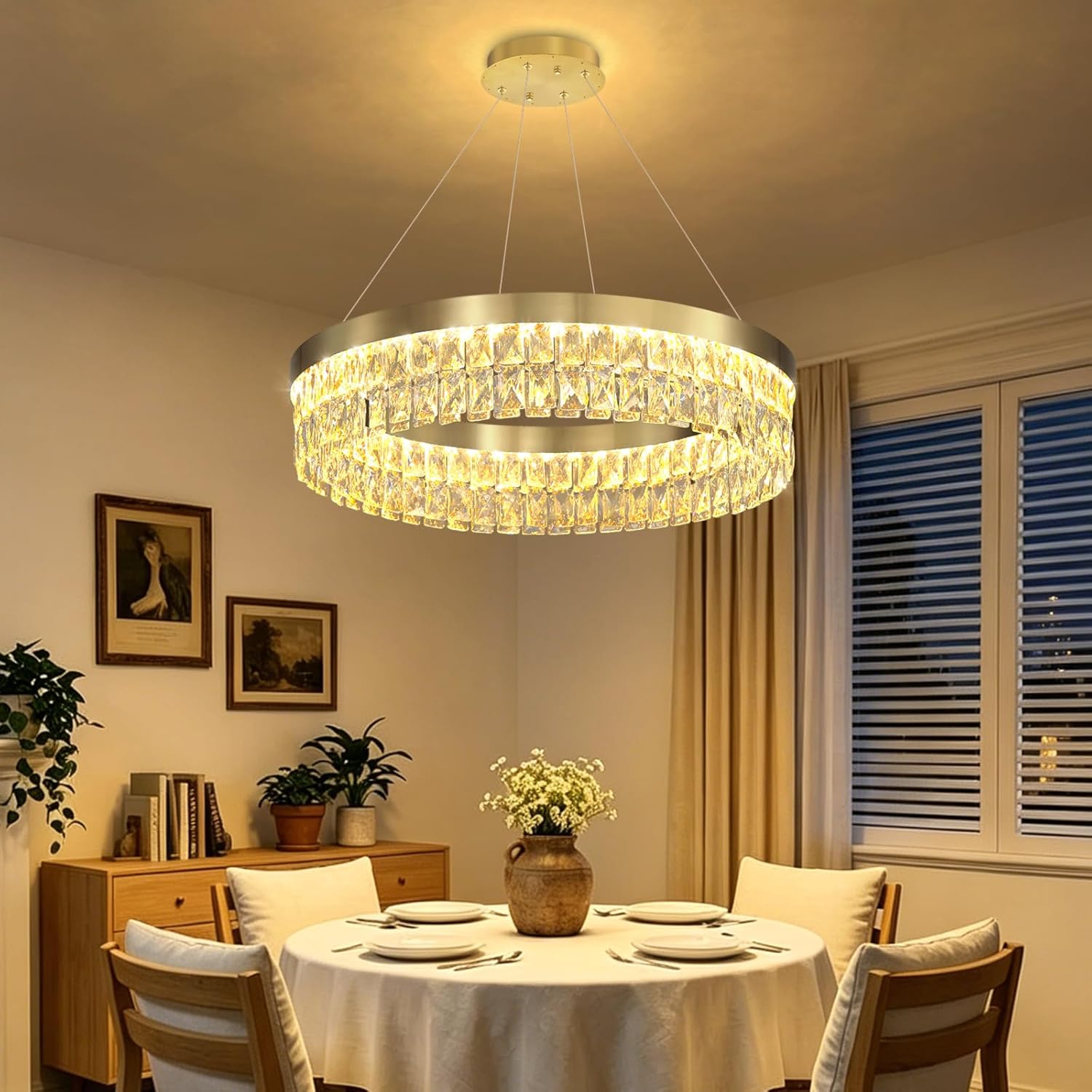 Modern Round Crystal Chandelier for Dining Room Remote Dimmable LED Crystal Pendant Light 35W Adjustable Lighting Fixture for Kitchen Island Living Room Gold