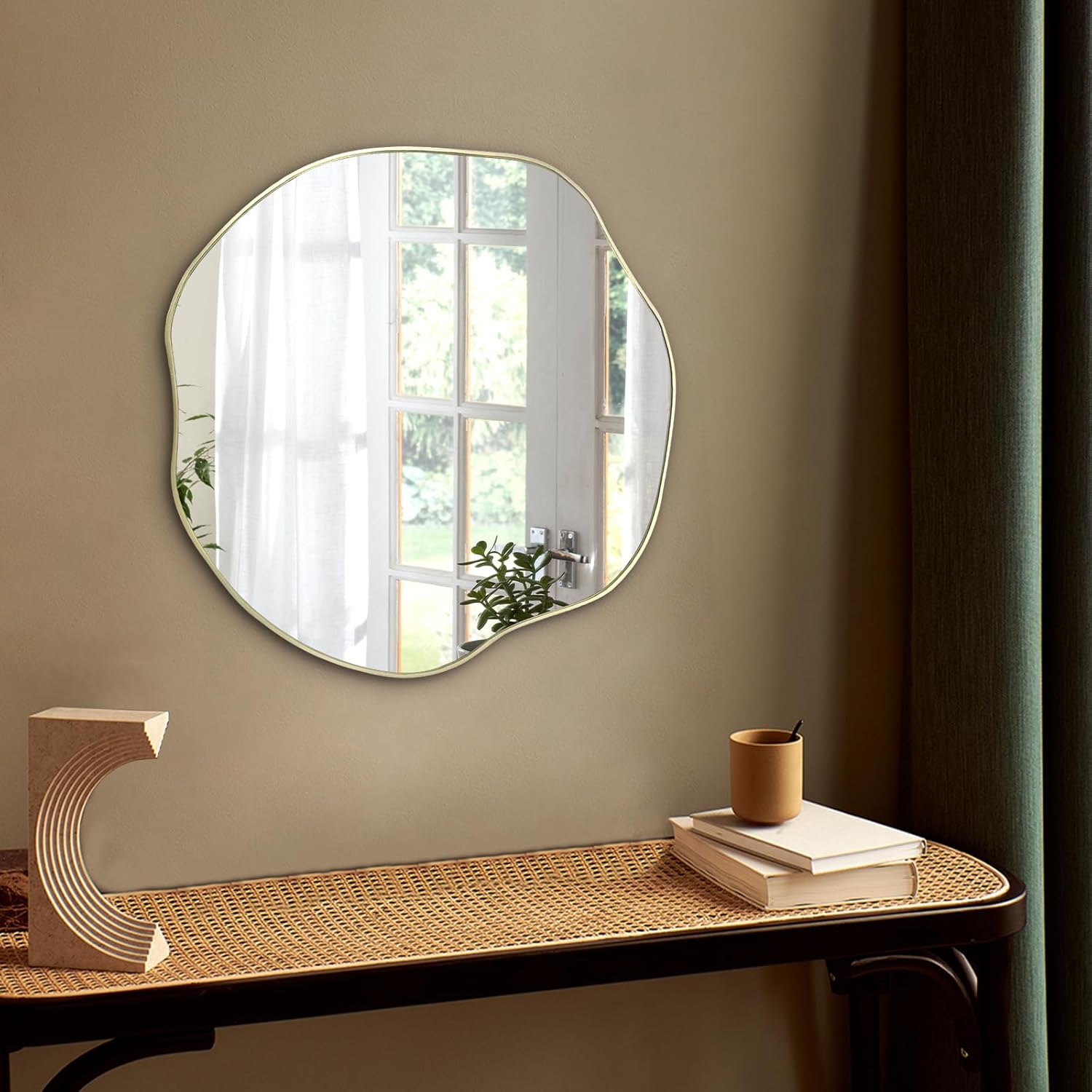 POZINO Gold Irregular Mirror, 20" Asymmetrical Mirror, Modern Scalloped Round Mirrors, Waved Shaped Decorative Mirrors for Bathroom Living Room Bedroom Entryway Fireplace 20"L x 20"W Gold