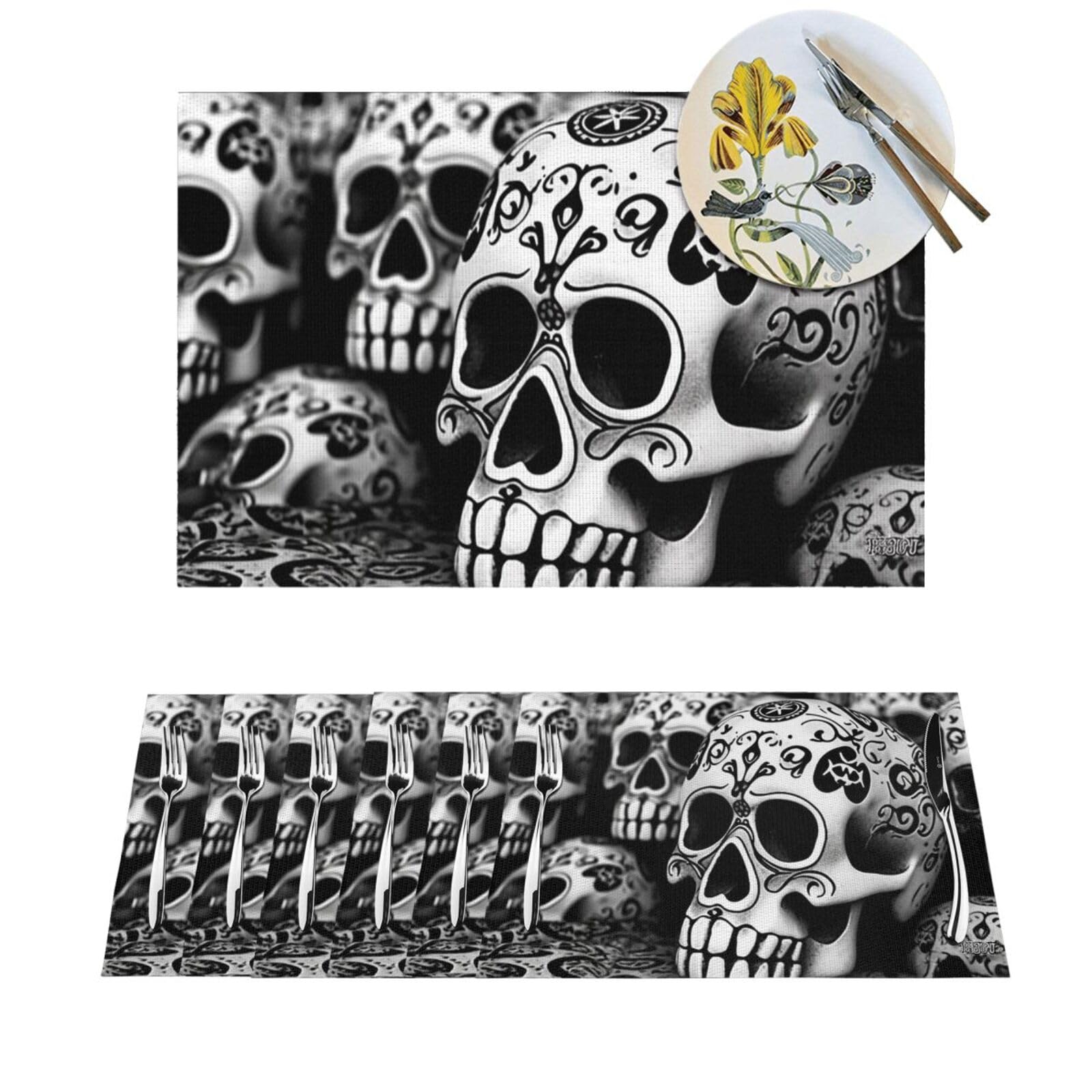 Sets de table résistants à la chaleur et antidérapants motif crânes x6