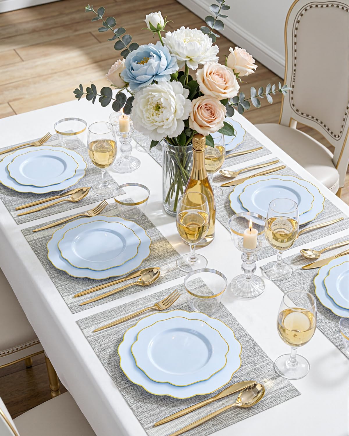 bUCLA 180PCS Blue Plastic Plates - Disposable Light Blue with Gold Rim - Include 30 Each (Dinner & Salad) Plates, 30 Knives, 30 Forks, 30 Spoons, 30 Cups for Party, Easter, Birthday & Shower