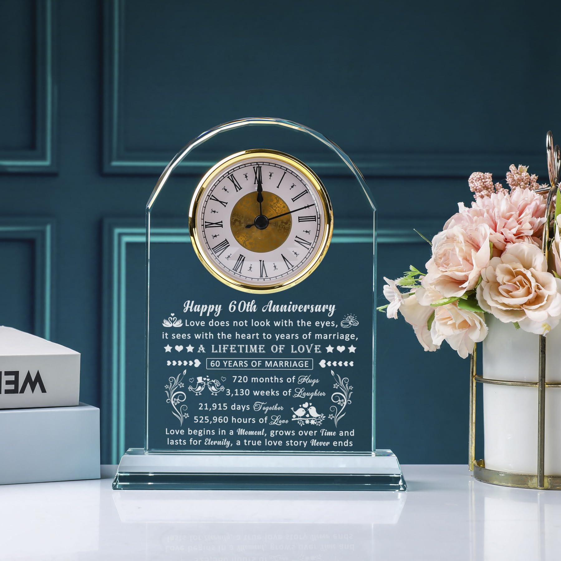 60th Wedding Anniversary Glass Quartz Clock Gifts for Women Men, 60 Year Anniversary Romantic Gift for Him Her, Diamond Anniversary Clock Gifts for Couple, 60 Years of Marriage Gifts