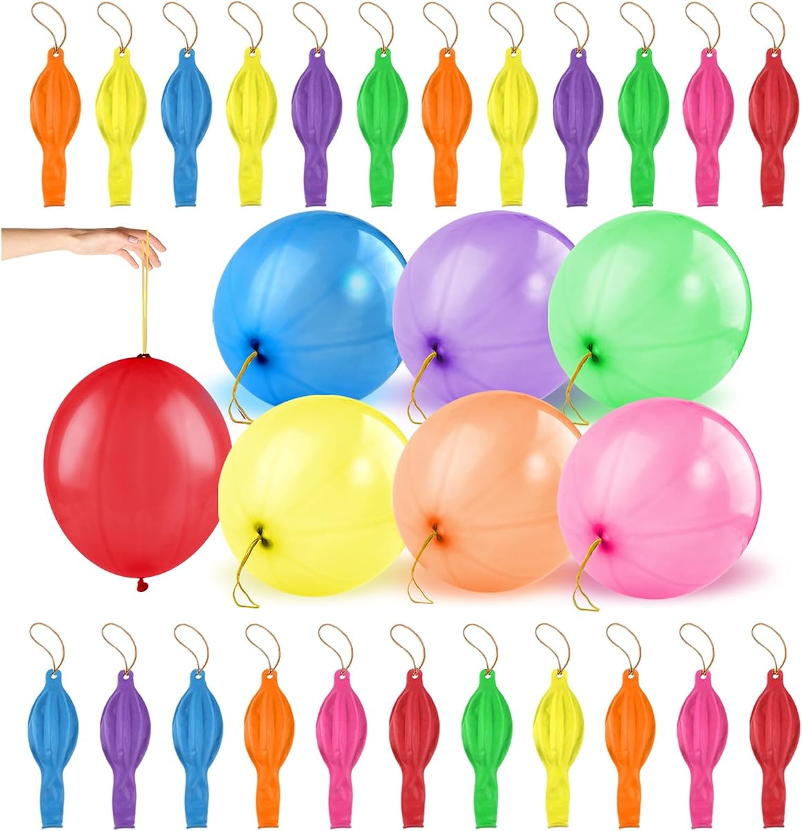 PEASUG 30pcs Punch Balloons for Kids, Thickened Neon Party Favors Balloon | 7 Assorted Neon Colors, Stretchy Rubber Band Handles, For Birthday Games, Goodie Bags and Carnival Prizes, Heavy Duty