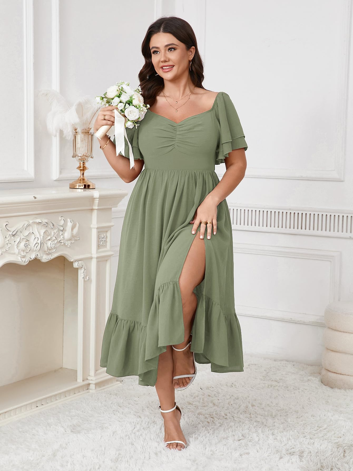 SCOMCHIC Vestido largo para mujer, talla grande, para invitada de boda, con escote corazón, manga corta, fruncido, con volantes, abertura