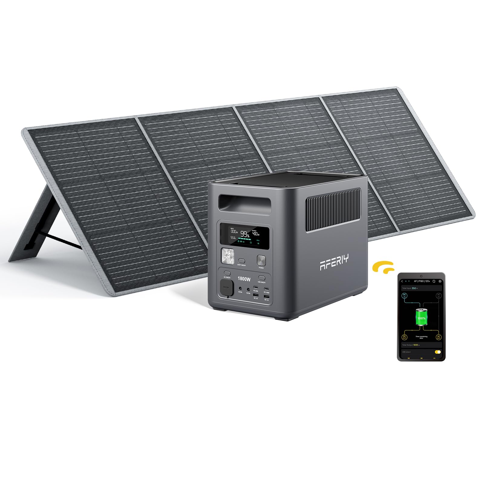 AFERIY 1800W Solargenerator mit Solarpanel 200W, 1024Wh LiFePO4 & 1Std Schnellladung Solar Powerstation, <10ms USV, 9 Ausgänge, mit APP, BMS, für Camping/RV/Notfall/Garten