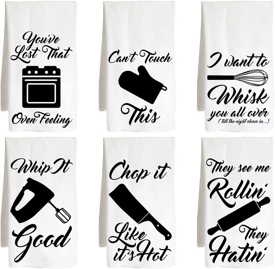 Kitchen Utensils - SIX Pack - Funny Joke - Farm Flour Sack Kitchen Tea Towel Whip it Cant Touch Whisk Rollin Chop