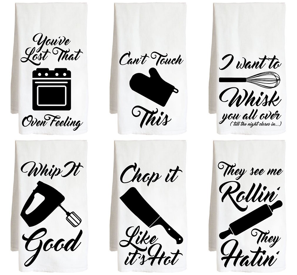 Live Nice Kitchen Utensils - SIX Pack - Funny Joke - Farm Flour Sack Kitchen Tea Towel Whip it Cant Touch Whisk Rollin Chop