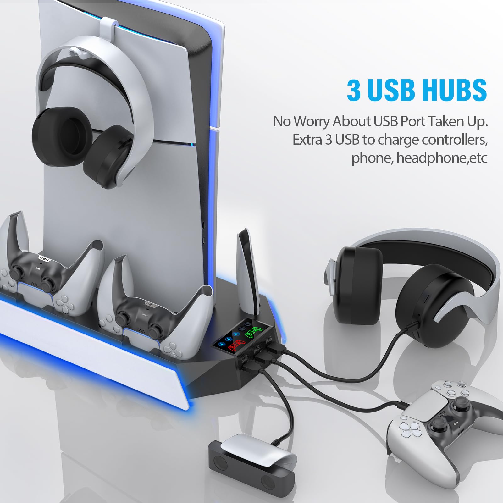 PS5/PS5 Slim Cooling Station Stand RGB con Dual Controller Base de carga para PlayStation 5 Consola PS5, accesorios PS5 incl. cargador de controlador, ventilador de refrigeración, soporte para