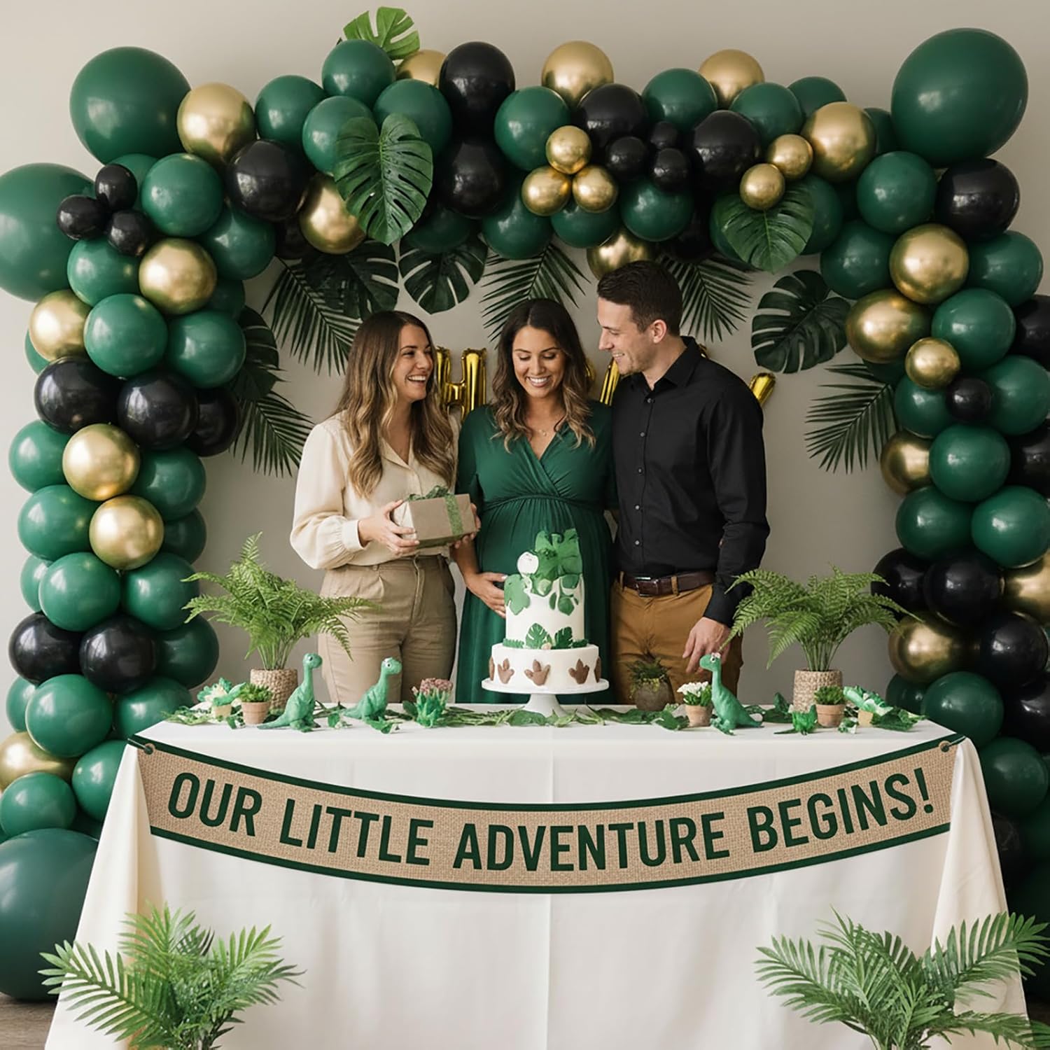 Emerald Green and gold black Balloon Garland Arch Kit Luxury Double Stuffed Dark Green Teal With Palm leaves for Summer luau hawaiian Aloha Jungle Birthday Decorations