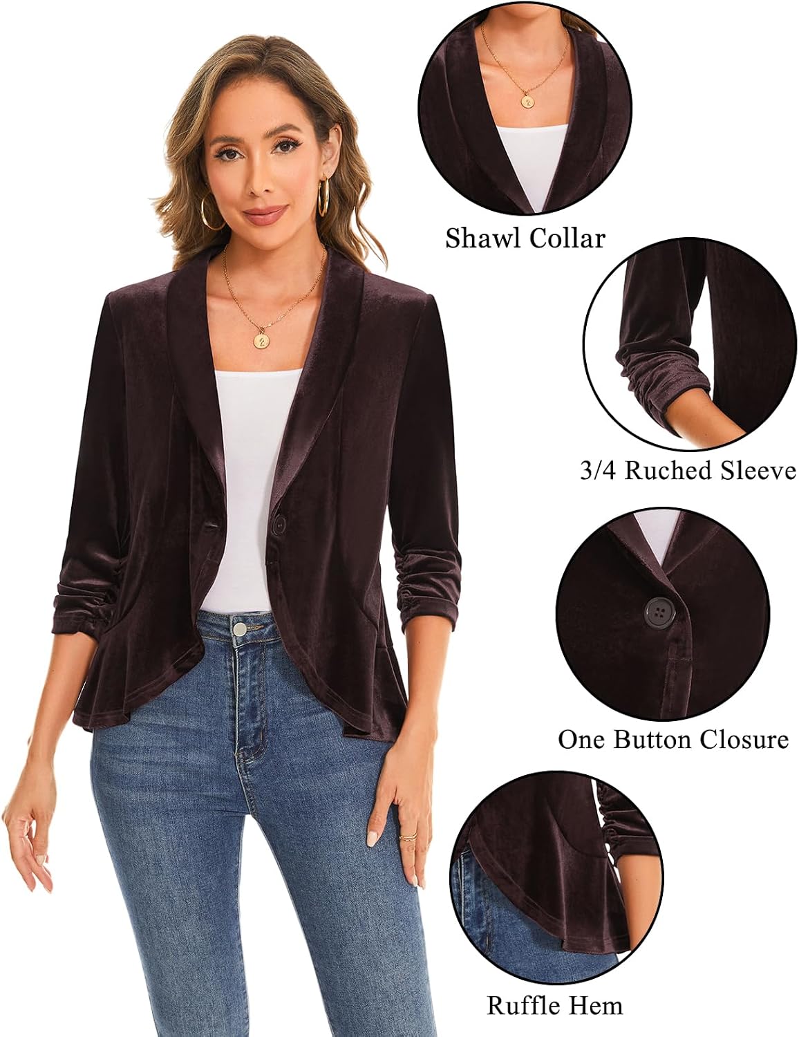 MINTLIMIT Women's Velvet Blazer Ruched 3/4 Sleeve Shawl Lapel Button Front Ruffle Tailored Cardigan Suit Jacket Blazer