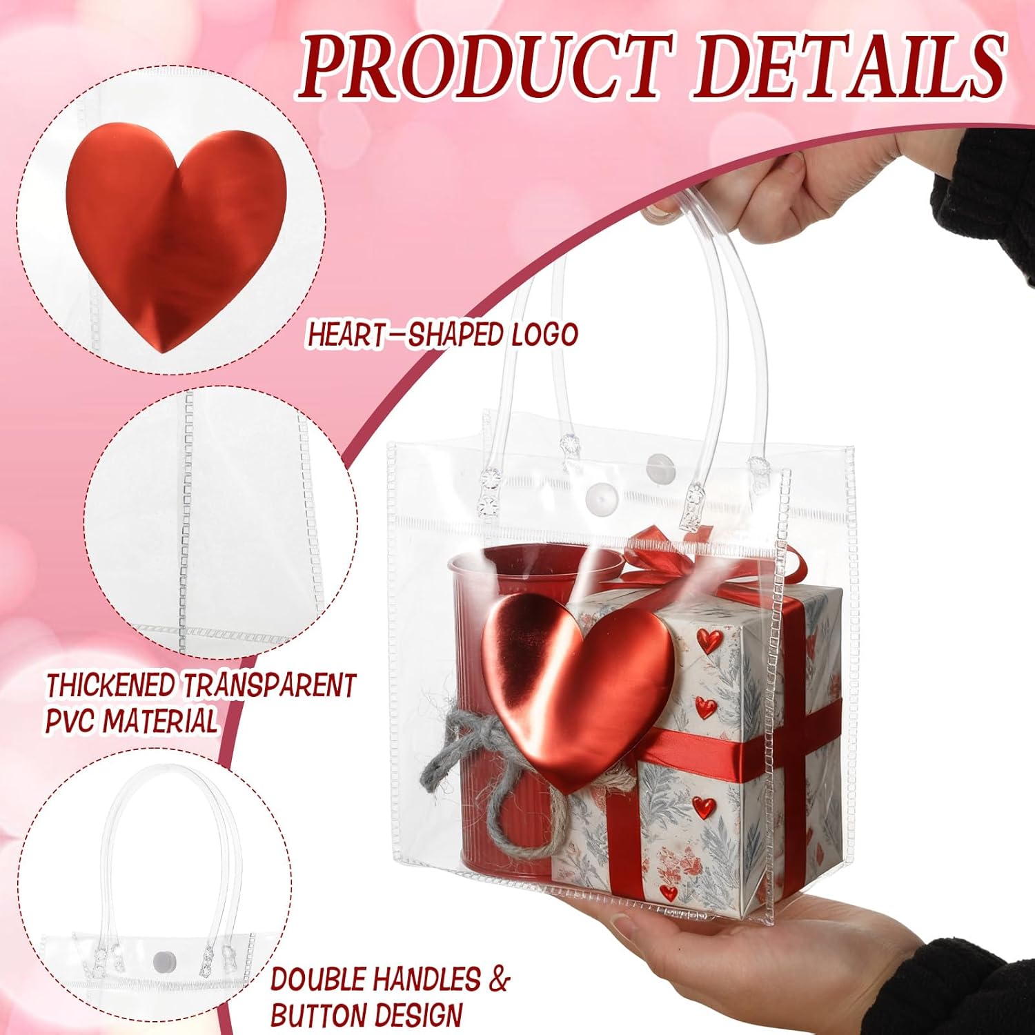 Foxtell 20 Pcs Valentine's Day Gift Bags with Handles, 6.3x5.9 Inch Clear Red Heart Plastic Bags, Reusable Transparent Gift Wrap Bags for Wedding, Birthday Party Favors & Small Business - Image 3