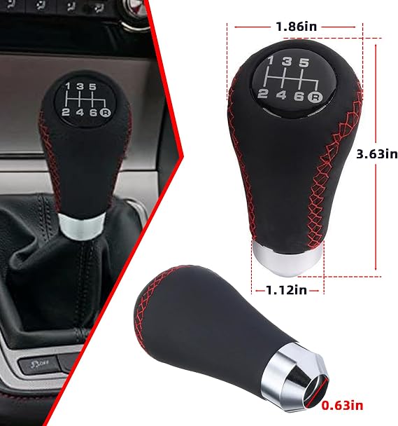 VBT Universal 5-Speed Leather Shift Knob with Boot Cover in Red - Fits Most Manual Transmission Cars (3.63 L x 1.86 W x 1.12 H)