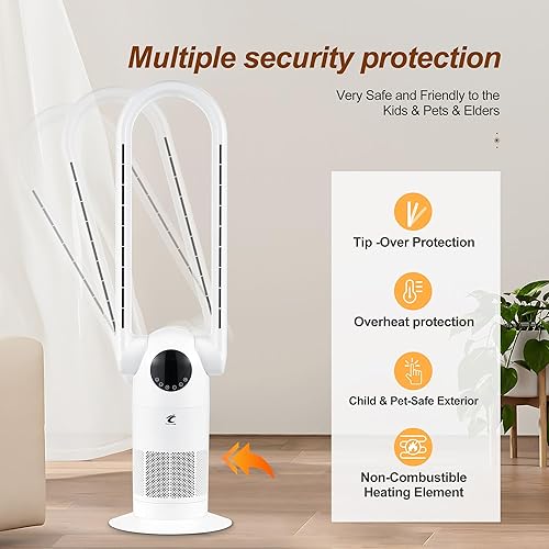 Miniatura 3 de Ocean Loong Calentador de espacio de 1500 W y ventilador de torre sin aspas de 38.6 pulgadas para el dormitorio del hogar, calentador eléctrico